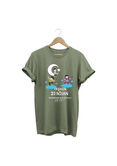 23 Nisan Çocuk Bayramı Baskılı %100 Pamuk Regular Fit Bisiklet Yaka Premium Haki T-shirt Haki
