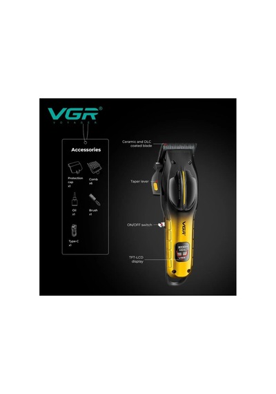 V-026 Profesyonel Saç Sakal Tıraş Makinesi Rpm Dlc Bıçak Metal Gövde Şarjlı Traş Makinesi - Sarı