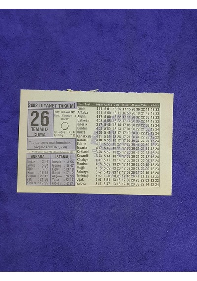 26 Temmuz 2002 Takvim Yaprağı - Nostalji Koleksiyonluk Takvim Yaprağı A