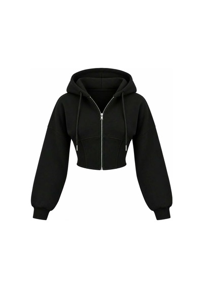 Evoa Kadın Siyah Oversize Kol Kapüşonlu Crop Hırka