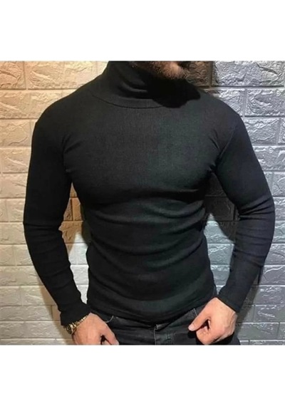 Erkek Kaşkorse Boğazlı Full Likralı Fitilli Body Kazak - Siyah