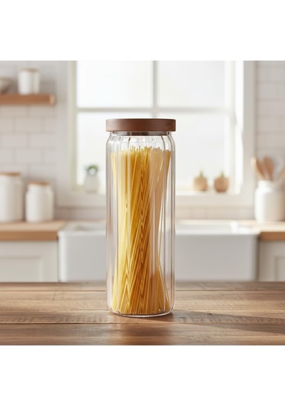 Akasya Kapaklı Uzun Çizgili Cam Kavanoz 1250 Ml Hava Geçirmez, Modern Fitilli Tasarım Gıda Saklama Kabı Makarna, Bakliyat, Kahve Ve Çay Kavanozu 9x25 Cm Çok Renkli