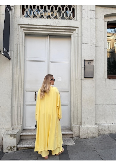 Bonacosa Kadın Viskon 3 Lü Takım Kimono + Beli Lastikli Salaş Pantolon + Sıfır Kol Kolsuz 8 Renk Sarı Bonacosa Kadın Viskon 3 Lü Takım Kimono + Beli Lastikli Salaş Pantolon + Sıfır Kol Kolsuz 8 Renk Sarı