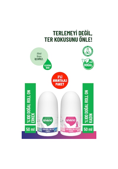 Siveno %100 Doğal Bitkisel Lekesiz Vegan Kadın Roll-On Deodorant 50 ML + Erkek Roll-On Deodorant 50 ML