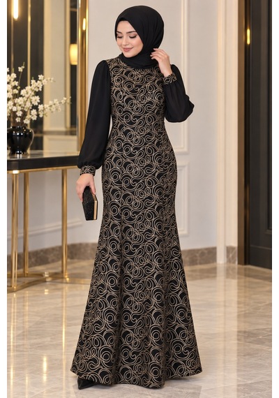 Gül&can Butik Siyah Gold İşlemeli Tesettür Abiye Elbise Siyah
