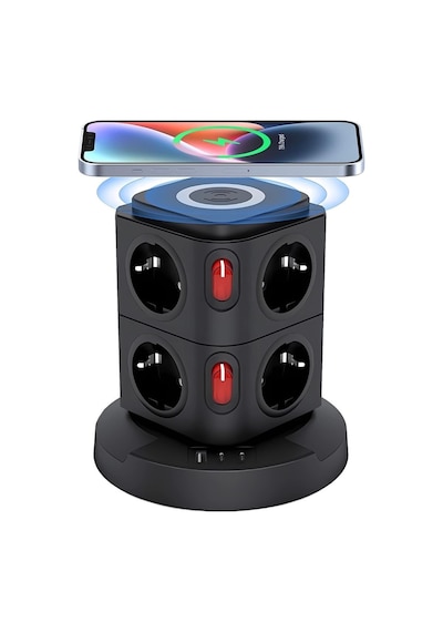 Akım Korumalı 2.4a Kule Priz Kablosuz Şarj İstasyonu 8x Soket 2x Usb Wireless Kablolu Priz Çoğaltıcı
