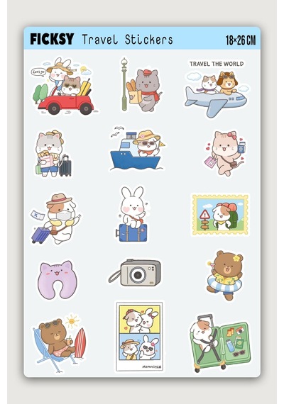 Kawaii Stili Sevimli Hayvanlar Seyahat Temalı Sticker Seti - 15 Adet Etiket Çıkartma Diğer