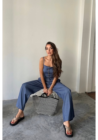 İkales Tencel Crop Askılı Bluz - Şalvar Pantolon Tk - İndigo