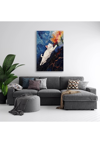 Beyaz Kedi Tırmanıyor - Cam Tablo - Deg1533 70 X 110 Cm
