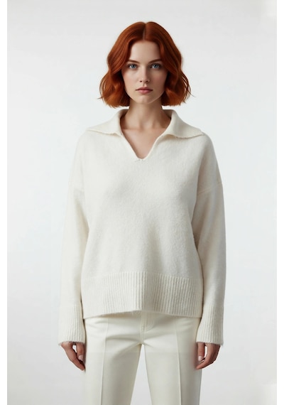 Ersefa Kadınlar İçin Kışlık Oversize Basic Triko Kazak Polo Yaka Düşük K Ekru