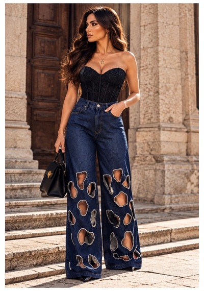 Orvelia Kristal Çerçeveli Pencere Detaylı Geniş Paça Denim Pantolon Eclipse Lacivert