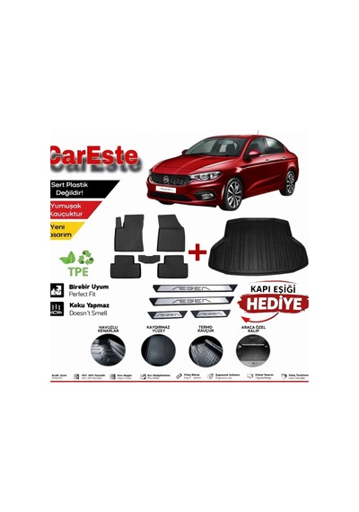 Fiat Egea Sedan 4d Havuzlu Paspas 5 Parça 2016+ Araca Özel Kaymaz Taban + Kapı Eşiği