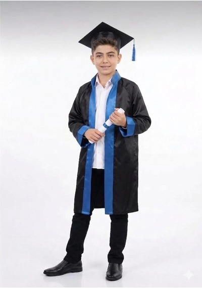 Nacar Store Çocuk Ortaokul Unisex Şeritli Siyah Mezuniyet Cübbesi Ve Kep Takımı Mavi