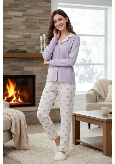 Remsa Kadın Kalp Desenli Önü Düğmeli Yumuşak Milan Kumaş Pijama Takımı 250385 Lila Lila