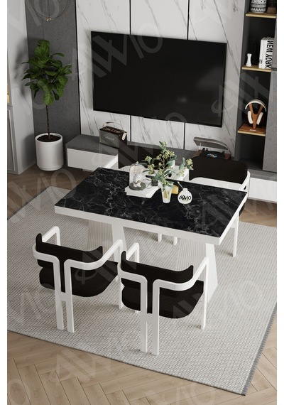 Avvio Leon Lake Mdf Ayak Tokyo Demonte Sandalye 80x120 Yemek Masası Mutfak Masası 4 Kişilik Siyah Mermer