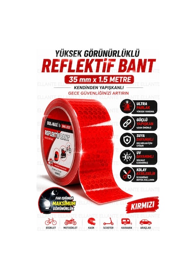 Kırmızı Reflektif Bant 3.5 Cm X 1.5 Metre Kendinden Yapışkanlı Gece Görünürlük Güvenlik Bandı Bisikl