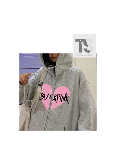 Tarzsokak Blackpink Kalp Sweatshirt Fermuarlı Hırka Siyah