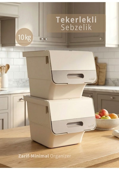 2 Li Krem Tekerlekli Sebzelik Patates Soğan Sepeti Zarif Organizer Patateslik Minimal Soğanlık 24 L Krem