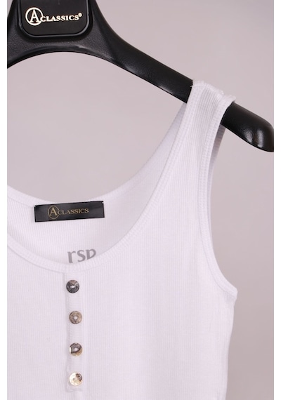 Beyaz Kalın Askılı Düğme Detaylı Pamuk Slim Fit Atlet T-Shirt
