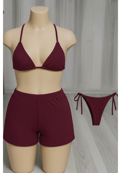 Angbutik Kadın 3'lü Set Bordo Şortlu Ve Yandan Bağlamalı Bikini Mayo Takımı
