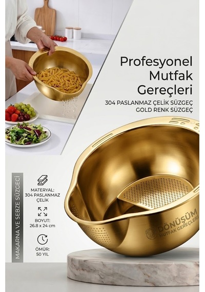 Gold 304 Paslanmaz Çelik Makarna Ve Sebze Yıkama Süzgeci 26,8 X 24 Cm Diğer