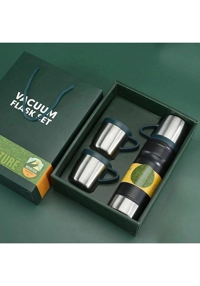 Özel Üretim Çelik Paslanmaz Hediye Kutulu Vakumlu Konfor 6012 3 Bardaklı 680ml Termos Set Gri