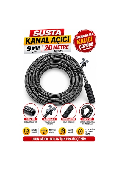 9 Mm 20 Metre Susta Kanal Açıcı Spiral Manuel Gider Açma Teli, Lavabo Mutfak Banyo Tıkanıklık Aç