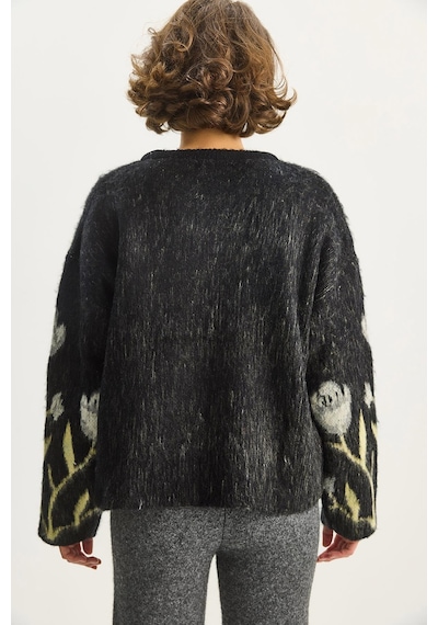 Shade Kadın Bisiklet Yaka Çiçek Desenli Şardonlu Oversize Triko Kazak 4915 60283587 - Siyah