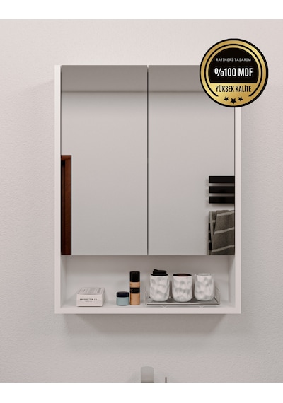 Lotus Mdf 2 Kapaklı Aynalı Banyo Dolabı Lavabo Üstü Dolap Çok Amaçlı Banyo Dolabı Beyaz