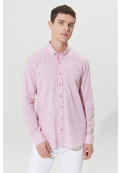 Ac&Co / Altınyıldız Classics Erkek Bordo Slim Fit Dar Kesim Düğmeli Yaka Keten Görünümlü %100 Pamuk Flamlı Gömlek Bordo