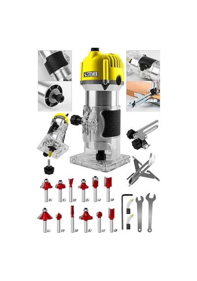 Steiner 3000 W 6 Kademe Devir Ayarlı Formika Traşlama Freze Makinesi 6 MM Pens Sarı + 12 Adet Uç