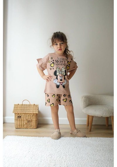 Miniko Kids Kız Çocuk Karakter Modelli Baskılı Şortlu Pamuk Takım Kahverengi
