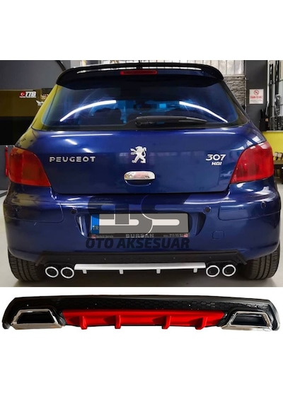 Peugeot 307 Difüzör Arka Tampon Eki 2 Egzoz Çıkışlı Kırmızı Lüx Tip