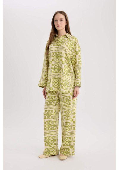 DeFacto Wide Leg Desenli Esnek Belli Keten Karışımlı Geniş Paça Pantolon D8188AX25SPGN698