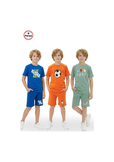 Fyk Kids 3'lü Bisiklet Yaka Baskı Detaylı Renkli Kaprili Erkek Çocuk 6 Parça Alt Üst Takım Sax-turuncu-mint