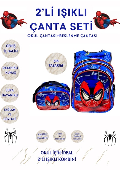 Spiderman Işıklı İlkokul Çantası 2 Li Takım Mavi