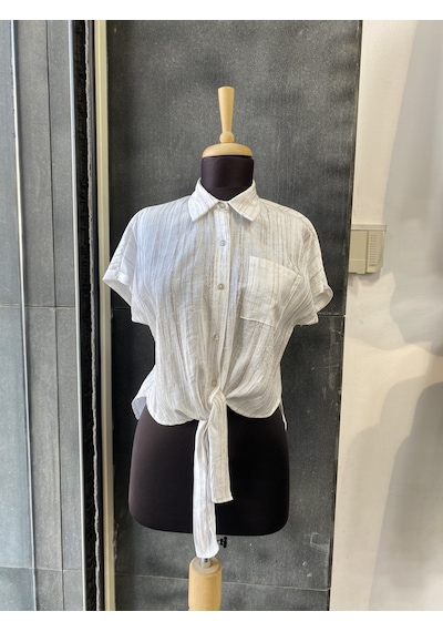 Pera Moda Önden Bağlamalı Keten Görünümlü Viskon Crop Gömlek Beyaz
