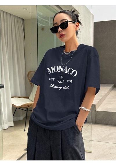 Uyguntarz Unisex Monaco Baskılı Tasarım Tshirt Lacivert