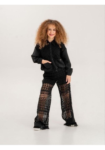 Zekids Kız Çocuk Dantelli Motifli Brode Bomber Ceket-13933 Siyah