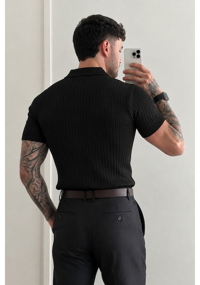 Tarz Cool Premium Fitilli Triko Polo Yaka Erkek Old Money T-shirt Siyah
