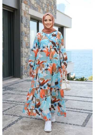 Hb Harma Time Butik Kadın Rahat Kesim Desenli Modal Kumaş Mavi Elbise