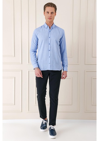Efor Slim Fit Düğmeli Yaka %100 Pamuk Klasik Mavi Gömlek Gk 723 Mavi