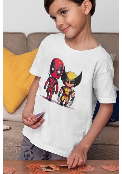 Sevbano Deadpool Wolverine Baskılı Unisex Kahramanlar Film Çocuk Tişört Beyaz