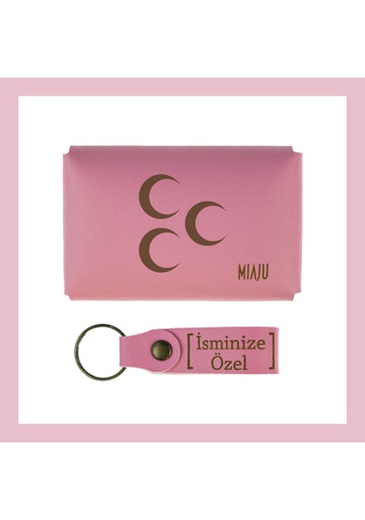 Miaju Pembe Renk, Üç Hilal Sevenlere Özel Üretim, İsme Özel Cüzdan Ve Anahtarlık Set, Efsane Hediye Takım Pembe