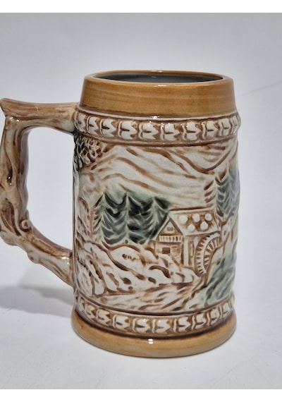 Vintage Tankart Kabartmalı İnsan Tasfirli Alman Seramik Bira Bardağı 11,8cm 001