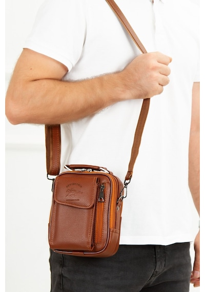 Newish Polo Erkek Deri Çelik Kasalı Kapaklı Omuz Ve El Çantası 15x19cm New189 - Taba