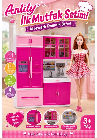 Anlily İlk Mutfak Setim Ve 30 Cm Aksesuarlı Oyuncak Bebek - Kız Çocuk Evcilik Oyuncakları