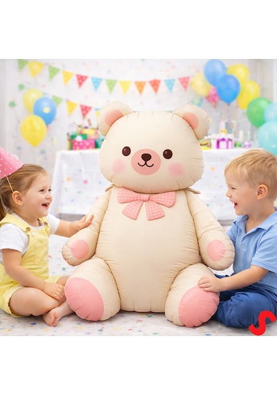 Papyonlu Ayıcık Folyo Balon, 90 Cm X 65 Cm - Krem Çok Renkli