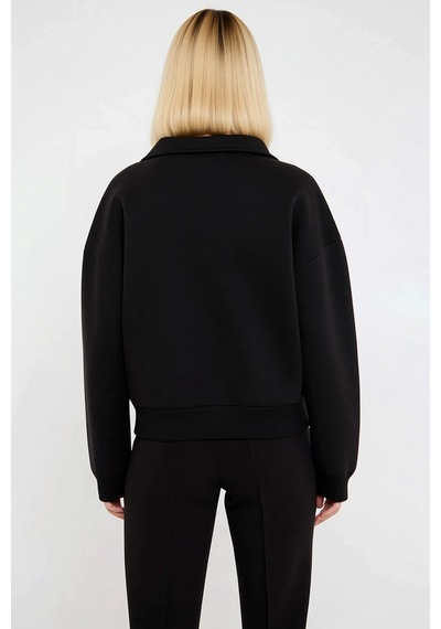 Benerly Kadın Polo Yaka Düşük Kol Regular Kalıp Örme Sweatshirt Fonksiyon siyah