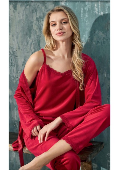 Cotonhause Kadın 3'lü Kadife Kırmızı Pijama Takımı C1t3n402-1 001